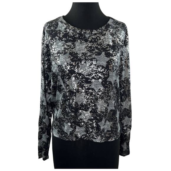 TEREZ Black Silver Long Sleeve Foil Star Print Cropped Pullover Sweater Size S - Picture 1 of 9